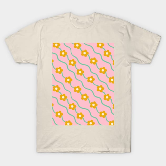 Wavy ditsy floral pattern in pink and mustard yellow T-Shirt by Natalisa